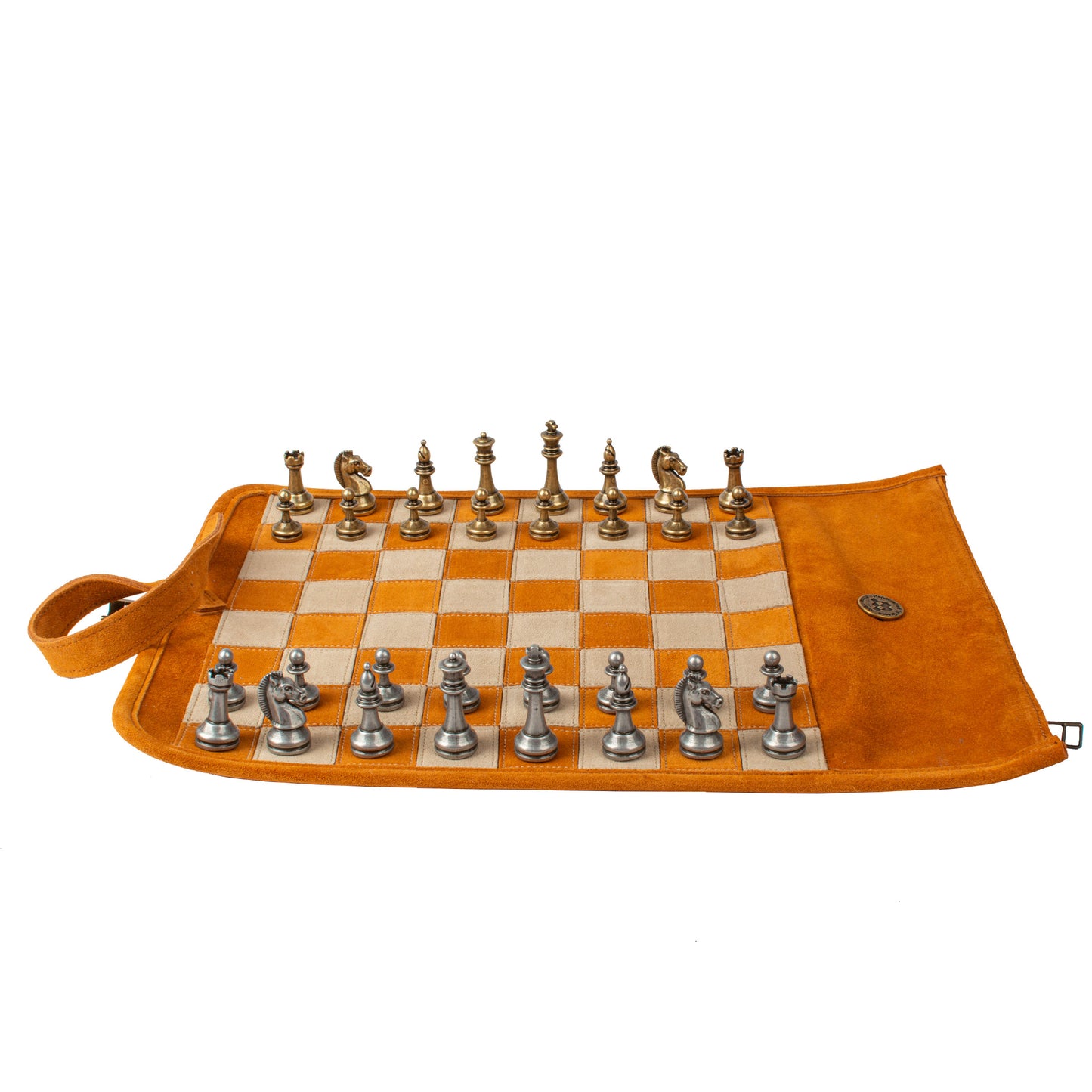 Premium Handcrafted Cinnamon Brown Suede Roll-Up Chess Set with Metal Chessmen