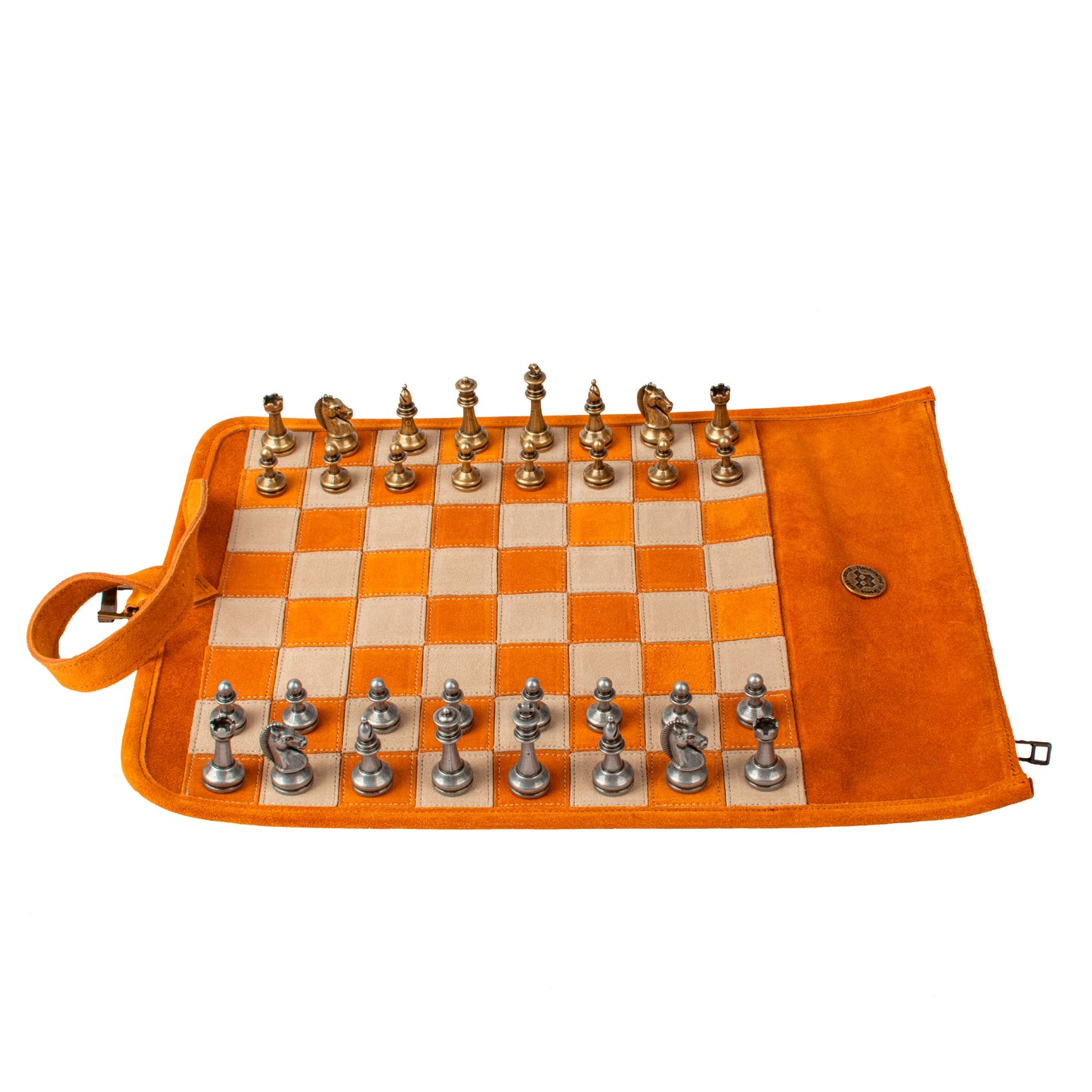 Premium Handcrafted Cinnamon Brown Suede Roll-Up Chess Set with Metal Chessmen
