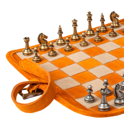 Premium Handcrafted Cinnamon Brown Suede Roll-Up Chess Set with Metal Chessmen