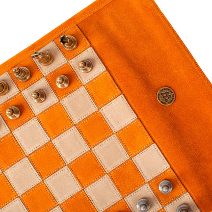 Premium Handcrafted Cinnamon Brown Suede Roll-Up Chess Set with Metal Chessmen