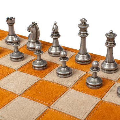 Premium Handcrafted Cinnamon Brown Suede Roll-Up Chess Set with Metal Chessmen