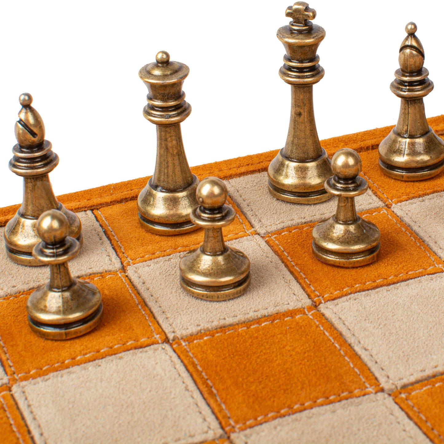 Premium Handcrafted Cinnamon Brown Suede Roll-Up Chess Set with Metal Chessmen