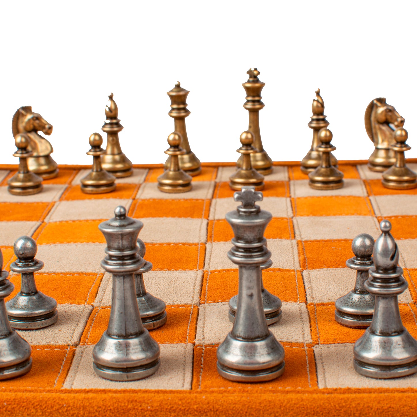 Premium Handcrafted Cinnamon Brown Suede Roll-Up Chess Set with Metal Chessmen