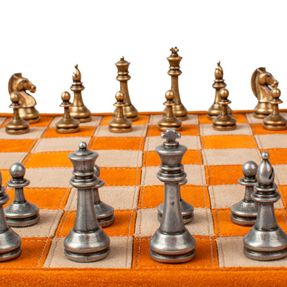 Premium Handcrafted Cinnamon Brown Suede Roll-Up Chess Set with Metal Chessmen