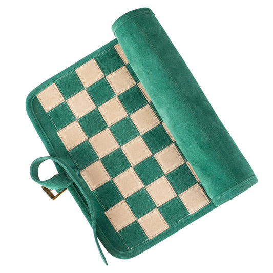 Premium Handcrafted Forest Green Suede Roll-Up Chess Set with Metal Chessmen