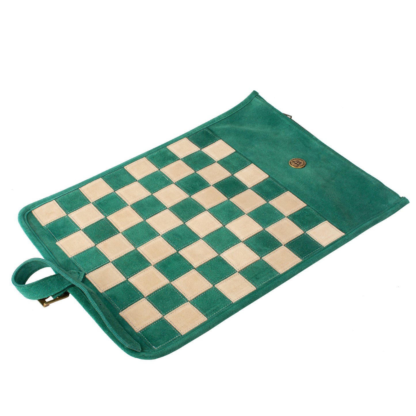 Premium Handcrafted Forest Green Suede Roll-Up Chess Set with Metal Chessmen