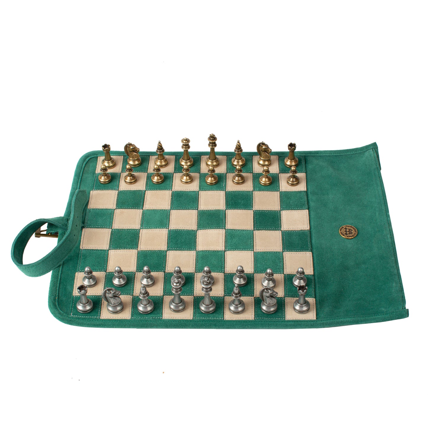 Premium Handcrafted Forest Green Suede Roll-Up Chess Set with Metal Chessmen