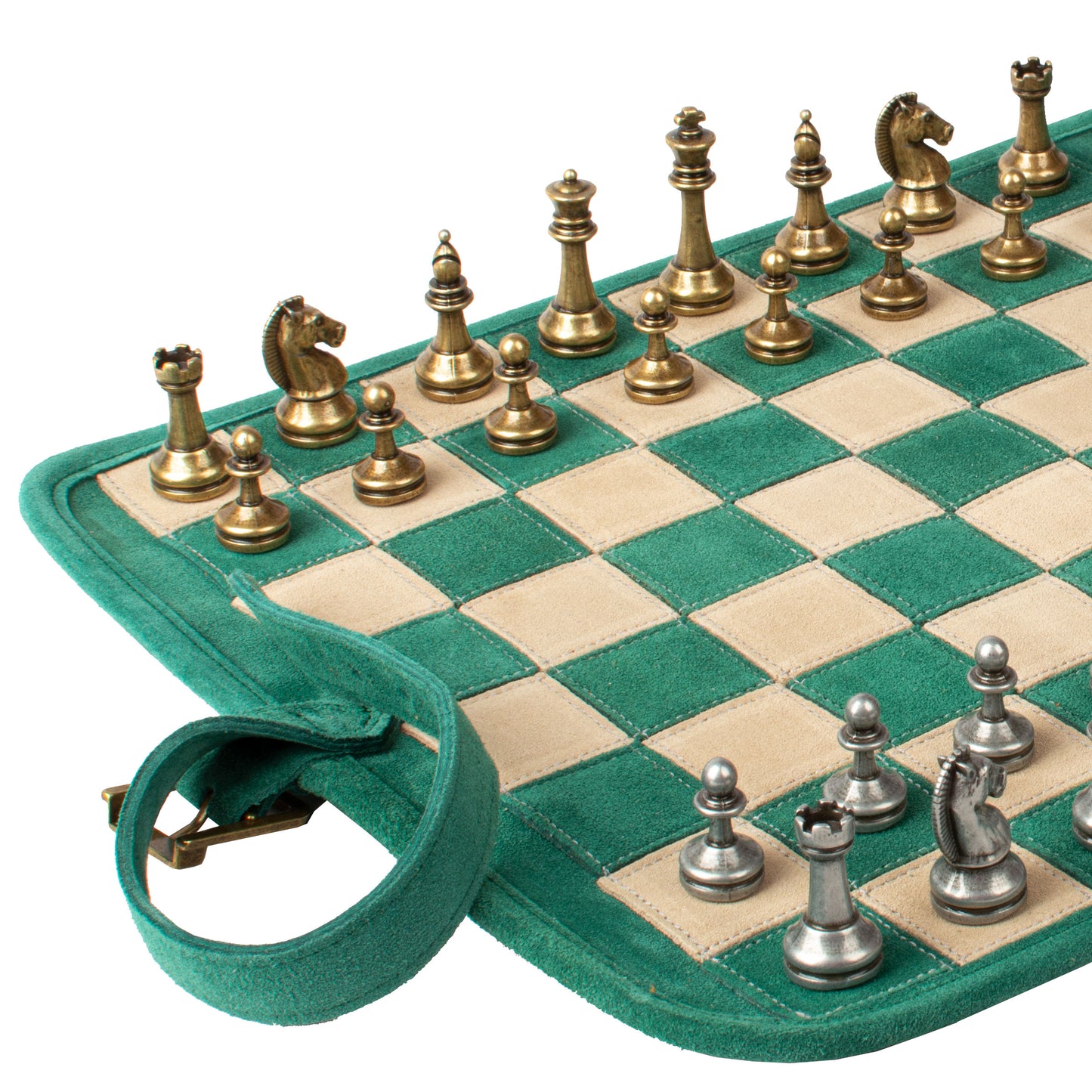 Premium Handcrafted Forest Green Suede Roll-Up Chess Set with Metal Chessmen