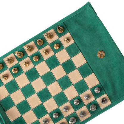 Premium Handcrafted Forest Green Suede Roll-Up Chess Set with Metal Chessmen