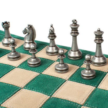 Premium Handcrafted Forest Green Suede Roll-Up Chess Set with Metal Chessmen