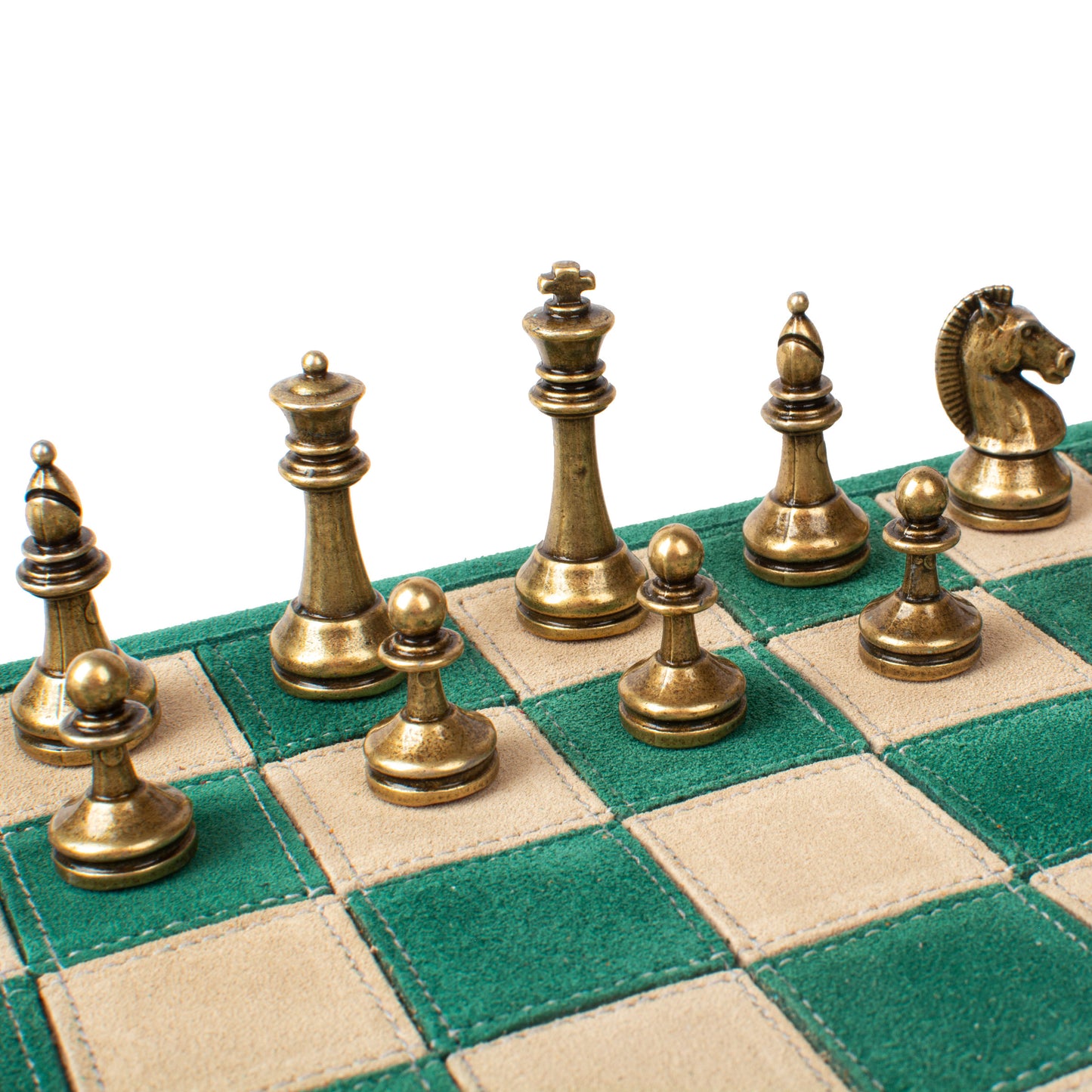 Premium Handcrafted Forest Green Suede Roll-Up Chess Set with Metal Chessmen