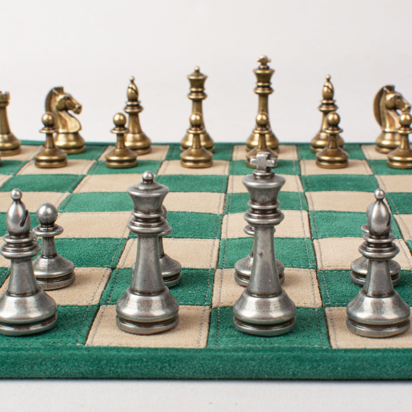 Premium Handcrafted Forest Green Suede Roll-Up Chess Set with Metal Chessmen
