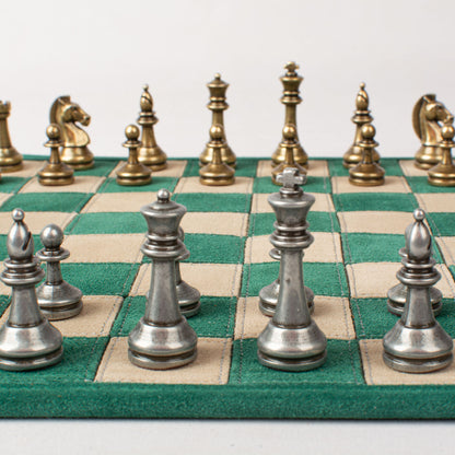 Premium Handcrafted Forest Green Suede Roll-Up Chess Set with Metal Chessmen