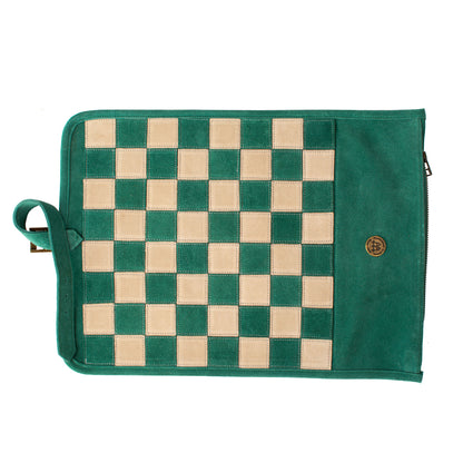 Premium Handcrafted Forest Green Suede Roll-Up Chess Set with Metal Chessmen