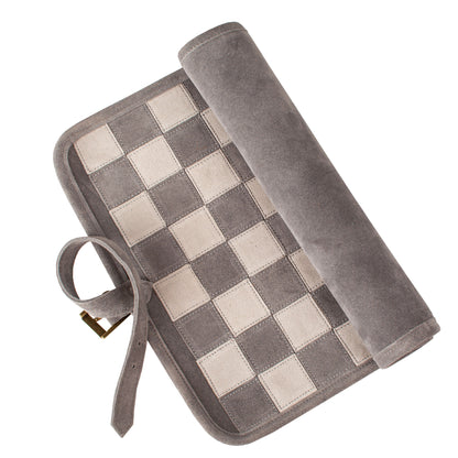 Premium Handcrafted Concrete Grey Suede Roll-Up Chess Set with Metal Chessmen