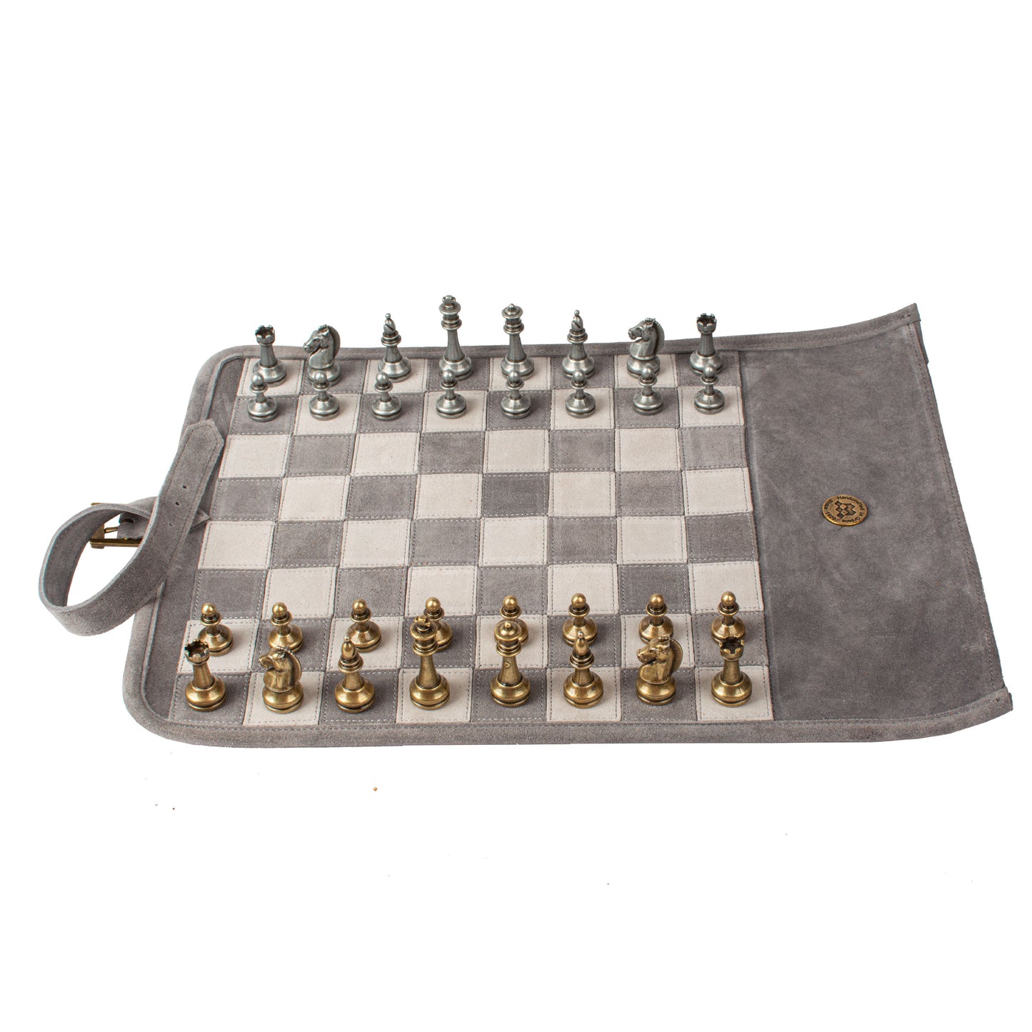 Premium Handcrafted Concrete Grey Suede Roll-Up Chess Set with Metal Chessmen