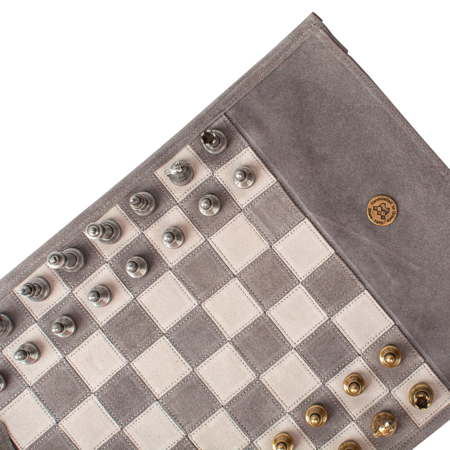 Premium Handcrafted Concrete Grey Suede Roll-Up Chess Set with Metal Chessmen