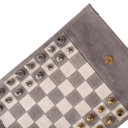 Premium Handcrafted Concrete Grey Suede Roll-Up Chess Set with Metal Chessmen
