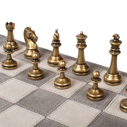 Premium Handcrafted Concrete Grey Suede Roll-Up Chess Set with Metal Chessmen