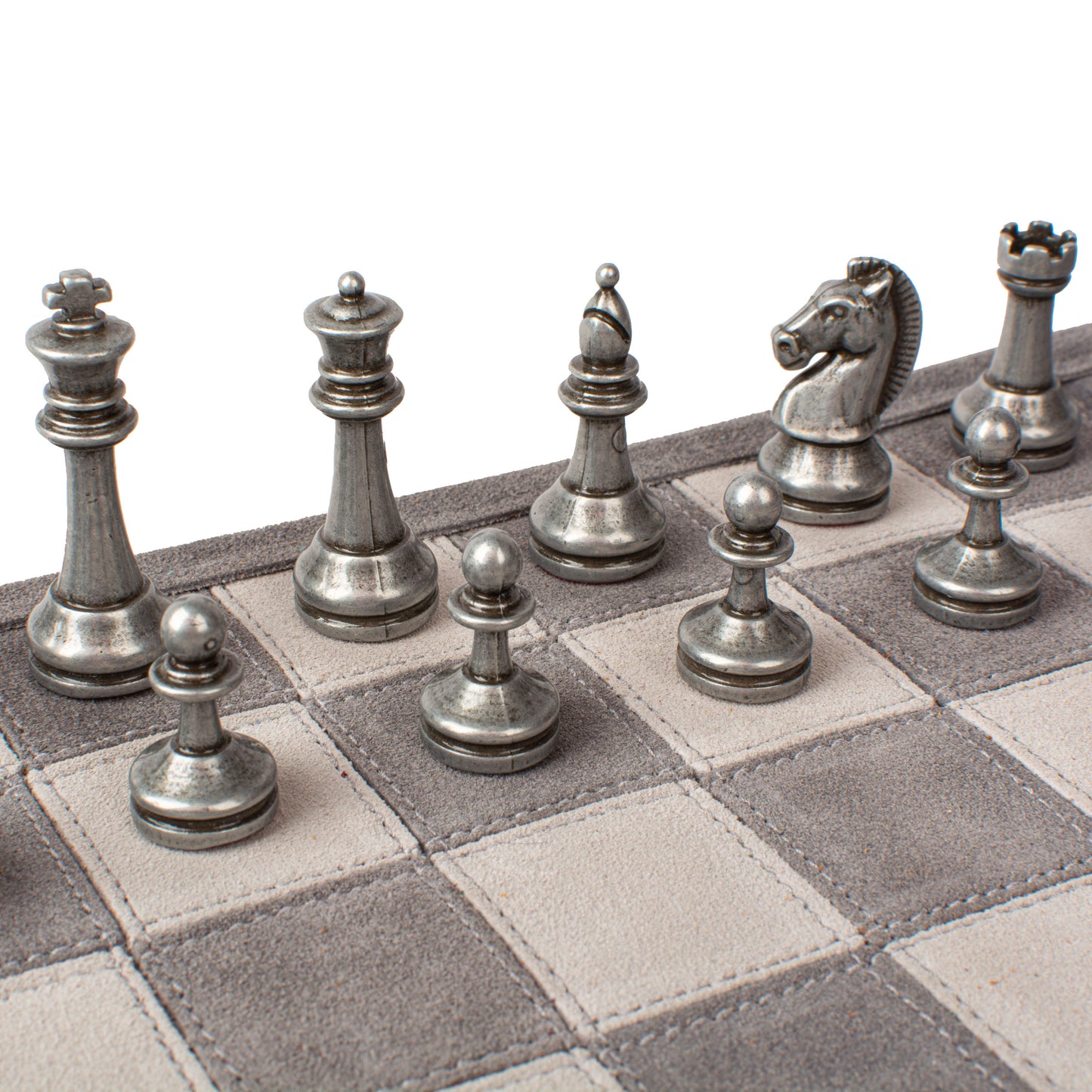 Premium Handcrafted Concrete Grey Suede Roll-Up Chess Set with Metal Chessmen