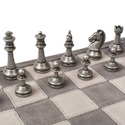 Premium Handcrafted Concrete Grey Suede Roll-Up Chess Set with Metal Chessmen