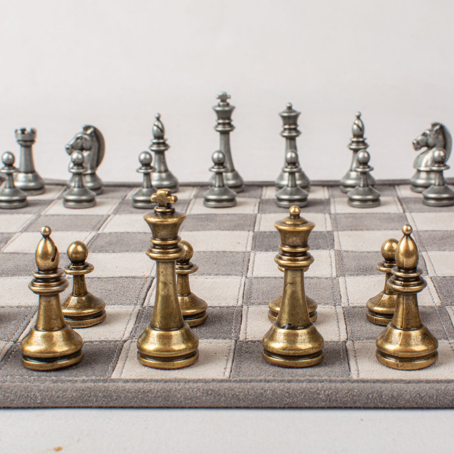 Premium Handcrafted Concrete Grey Suede Roll-Up Chess Set with Metal Chessmen