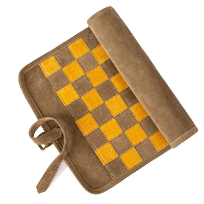 Premium Handcrafted Khaki Brown Suede Roll-Up Chess Set with Metal Chessmen
