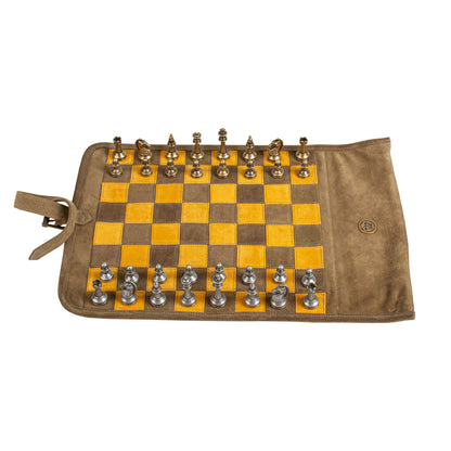 Premium Handcrafted Khaki Brown Suede Roll-Up Chess Set with Metal Chessmen