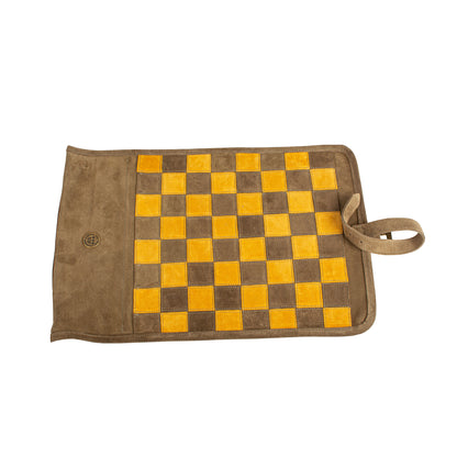 Premium Handcrafted Khaki Brown Suede Roll-Up Chess Set with Metal Chessmen