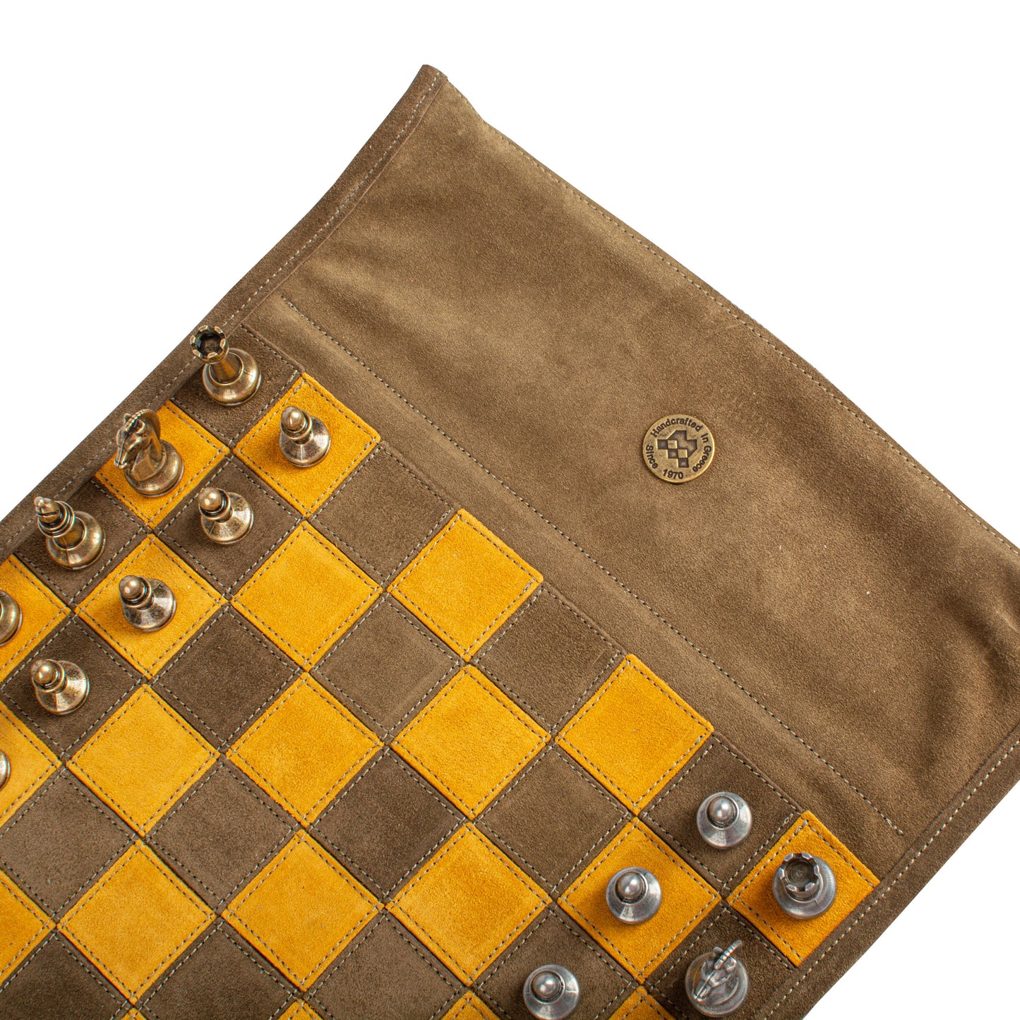 Premium Handcrafted Khaki Brown Suede Roll-Up Chess Set with Metal Chessmen