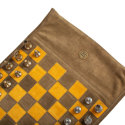 Premium Handcrafted Khaki Brown Suede Roll-Up Chess Set with Metal Chessmen