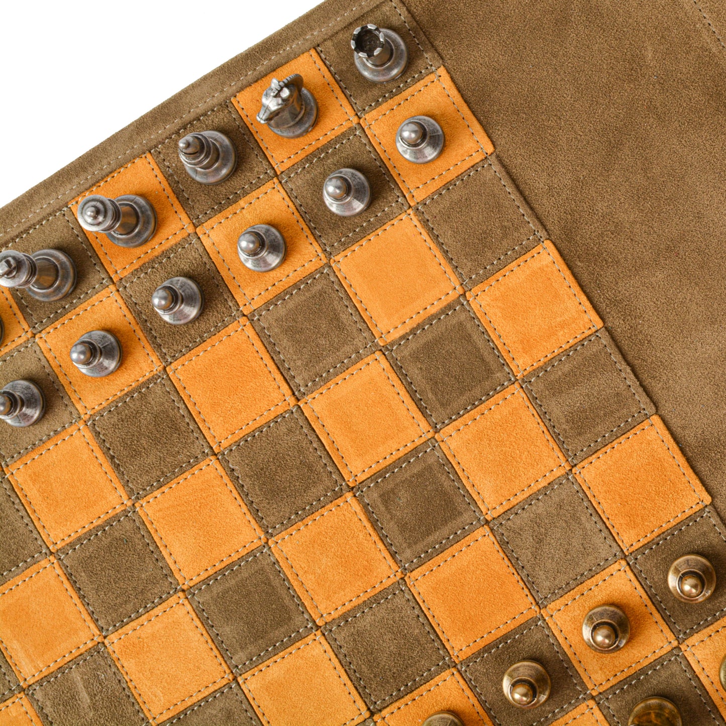 Premium Handcrafted Khaki Brown Suede Roll-Up Chess Set with Metal Chessmen