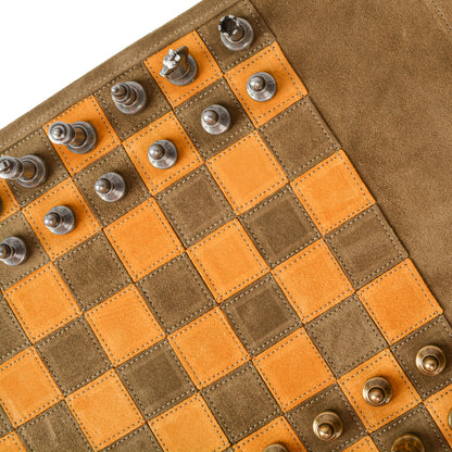 Premium Handcrafted Khaki Brown Suede Roll-Up Chess Set with Metal Chessmen