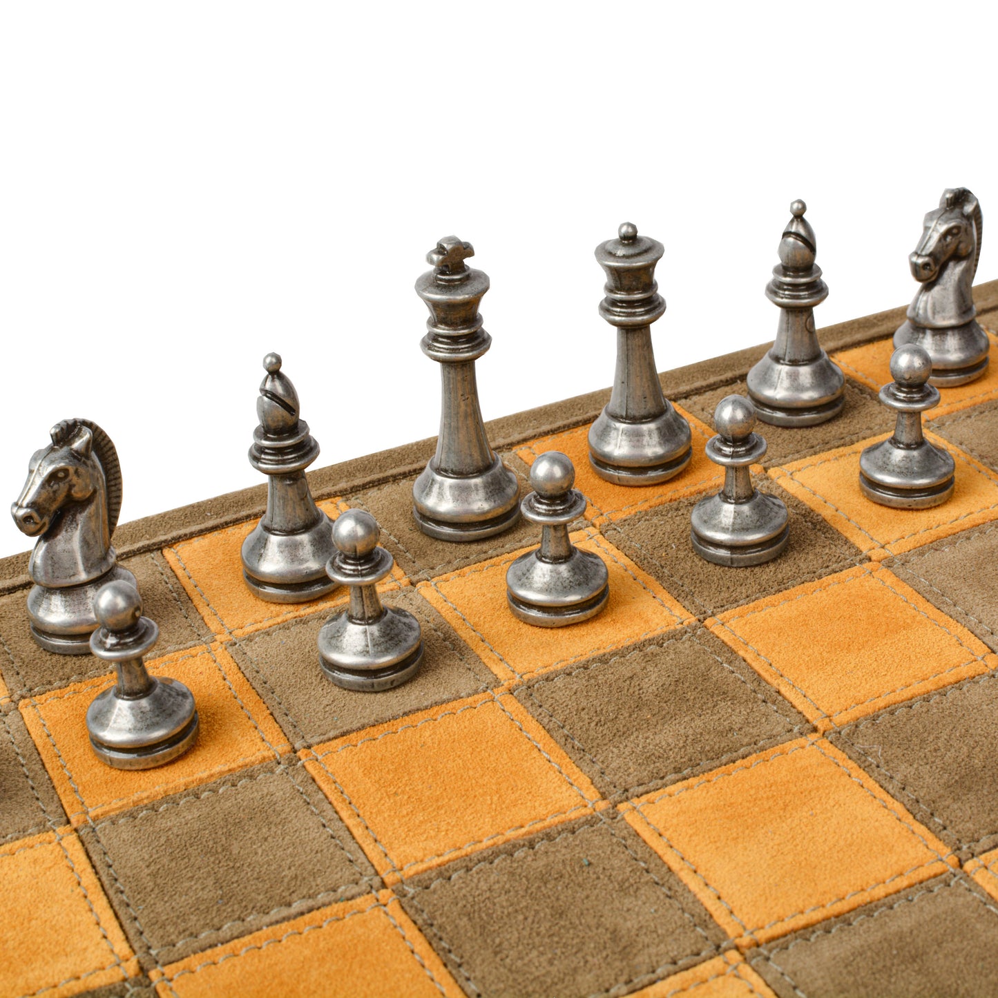 Premium Handcrafted Khaki Brown Suede Roll-Up Chess Set with Metal Chessmen