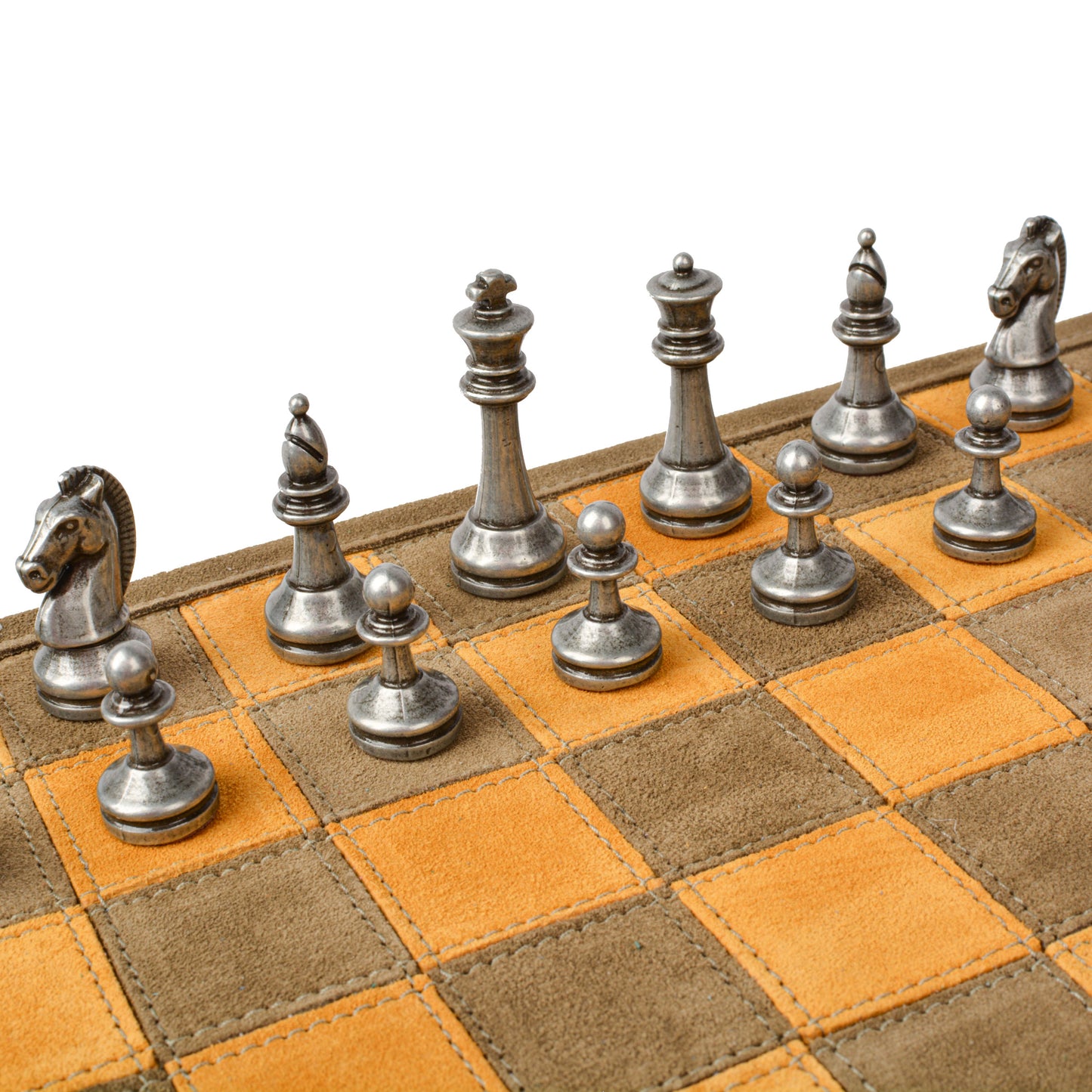 Premium Handcrafted Khaki Brown Suede Roll-Up Chess Set with Metal Chessmen