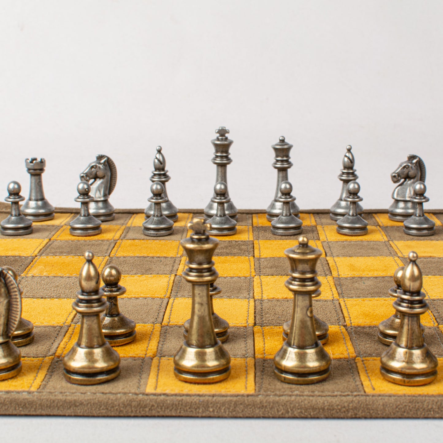 Premium Handcrafted Khaki Brown Suede Roll-Up Chess Set with Metal Chessmen