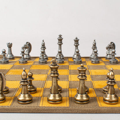 Premium Handcrafted Khaki Brown Suede Roll-Up Chess Set with Metal Chessmen