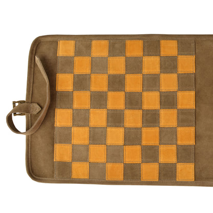 Premium Handcrafted Khaki Brown Suede Roll-Up Chess Set with Metal Chessmen