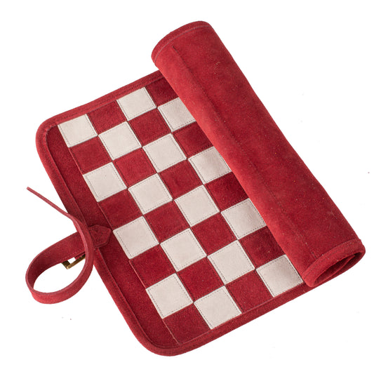 Premium Handcrafted Burgundy Red Suede Roll-Up Chess Set with Metal Chessmen