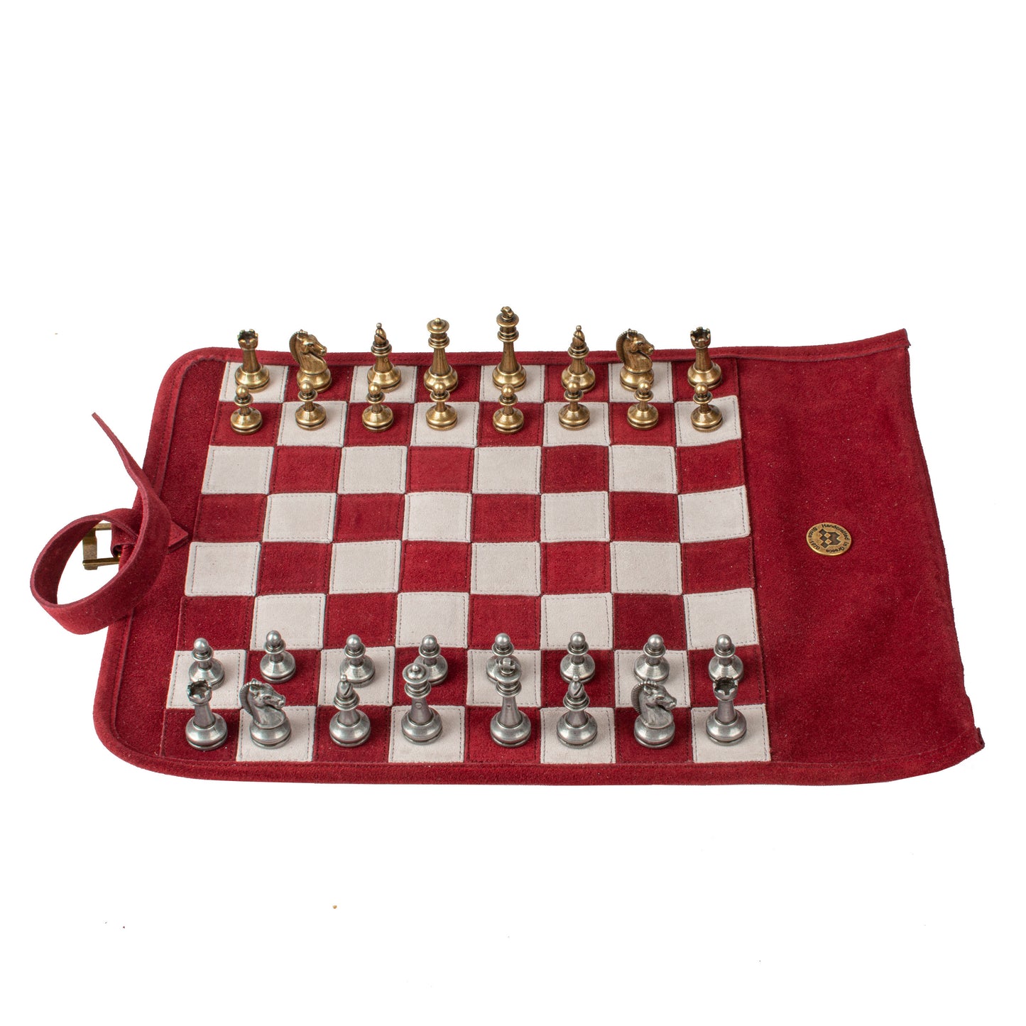Premium Handcrafted Burgundy Red Suede Roll-Up Chess Set with Metal Chessmen