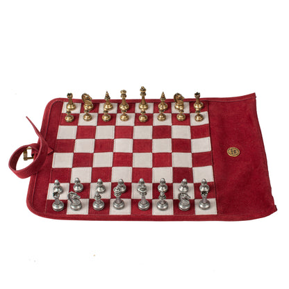 Premium Handcrafted Burgundy Red Suede Roll-Up Chess Set with Metal Chessmen