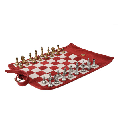 Premium Handcrafted Burgundy Red Suede Roll-Up Chess Set with Metal Chessmen