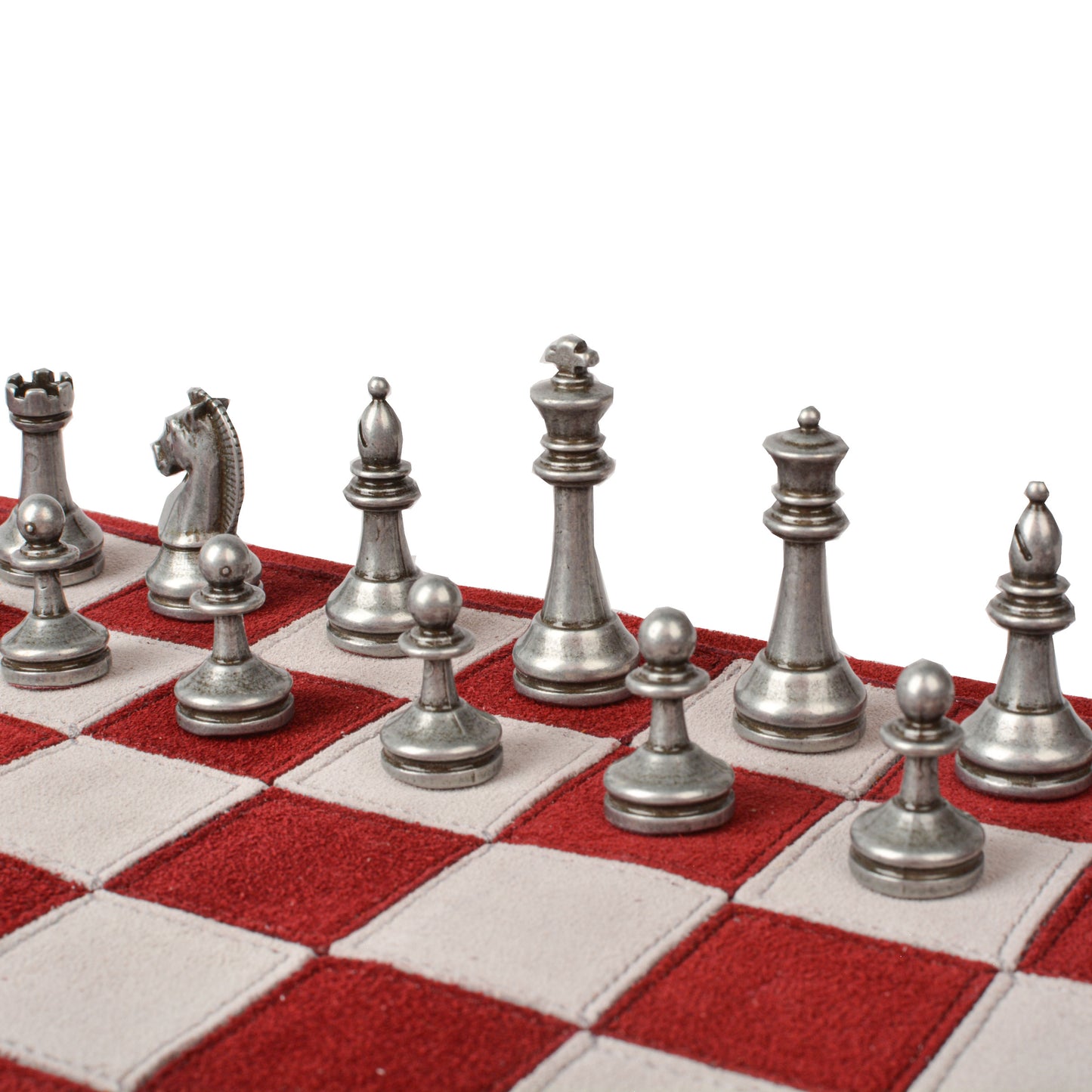Premium Handcrafted Burgundy Red Suede Roll-Up Chess Set with Metal Chessmen