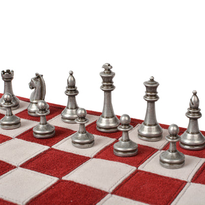 Premium Handcrafted Burgundy Red Suede Roll-Up Chess Set with Metal Chessmen