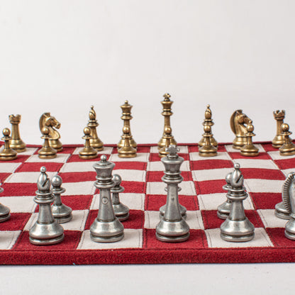 Premium Handcrafted Burgundy Red Suede Roll-Up Chess Set with Metal Chessmen
