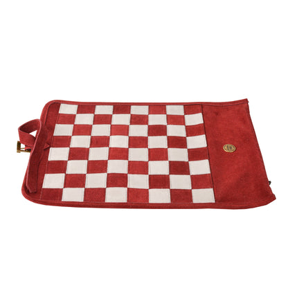 Premium Handcrafted Burgundy Red Suede Roll-Up Chess Set with Metal Chessmen