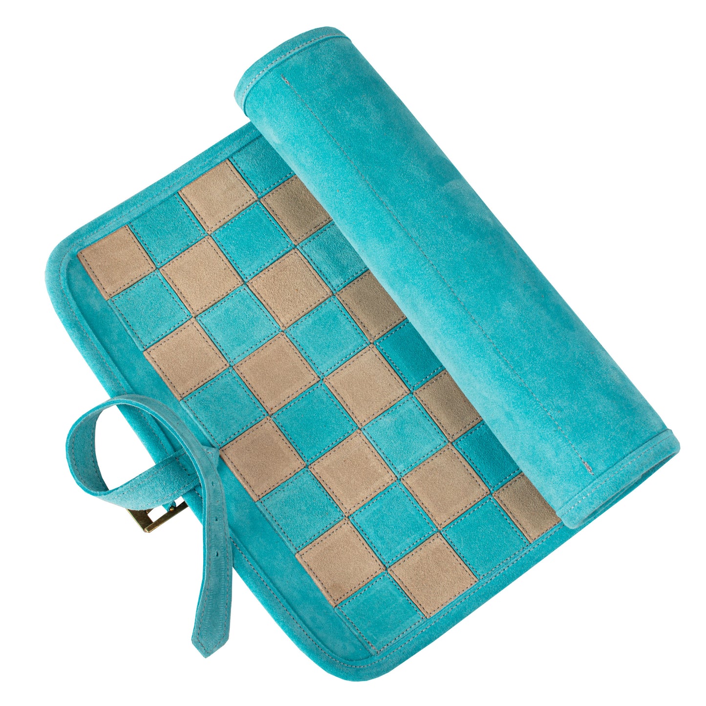 Premium Handcrafted Turquoise Suede Roll-Up Chess Set with Metal Chessmen