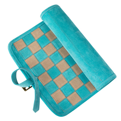 Premium Handcrafted Turquoise Suede Roll-Up Chess Set with Metal Chessmen