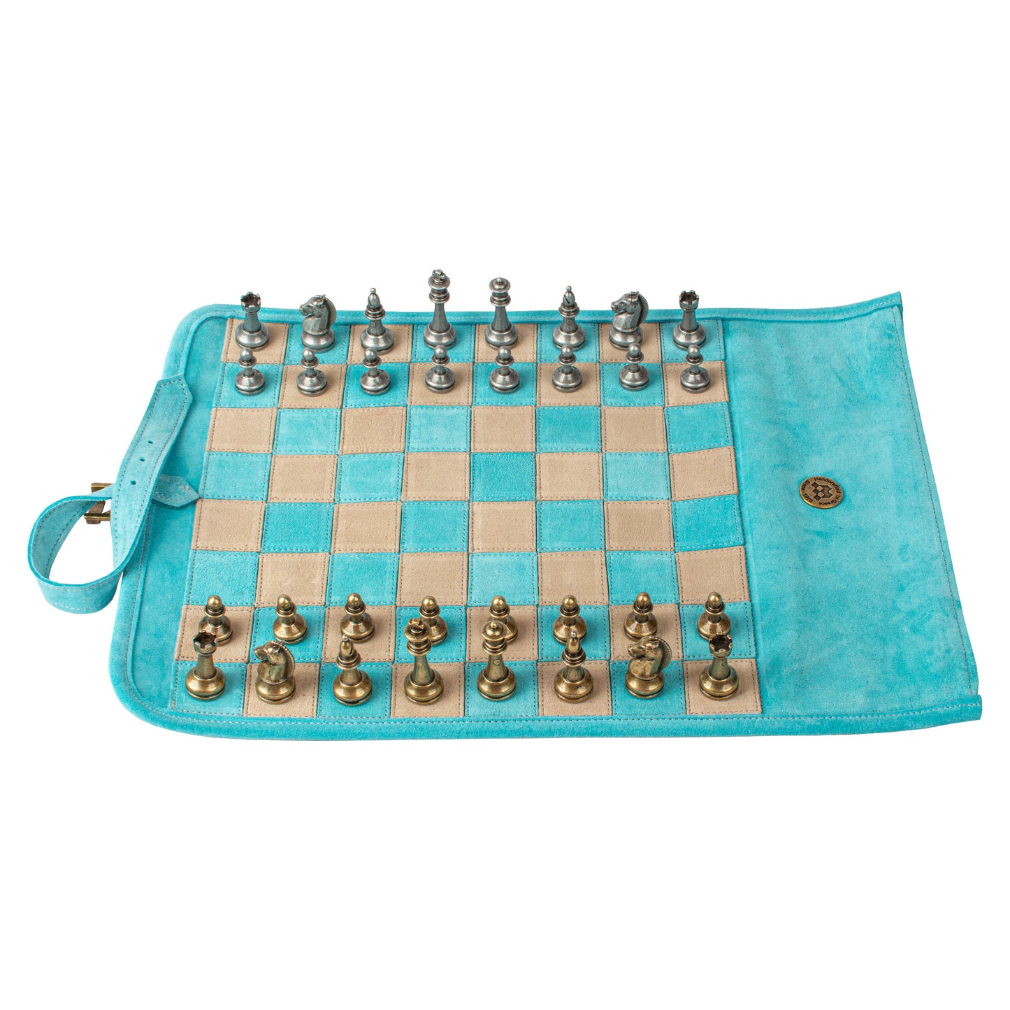 Premium Handcrafted Turquoise Suede Roll-Up Chess Set with Metal Chessmen