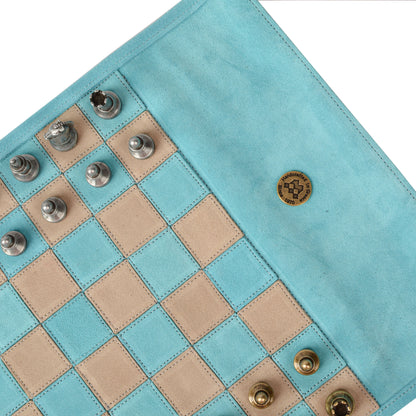 Premium Handcrafted Turquoise Suede Roll-Up Chess Set with Metal Chessmen